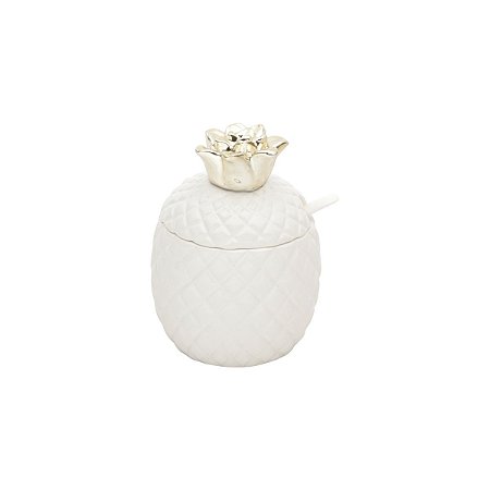 AÇUCAREIRO C/COLHER CERÂMICA ABACAXI DOURADO E BRANCO 9,5x12