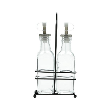 CJ GALHETEIRO DE VIDRO C/SUPORTE DE METAL PRETO 200ml