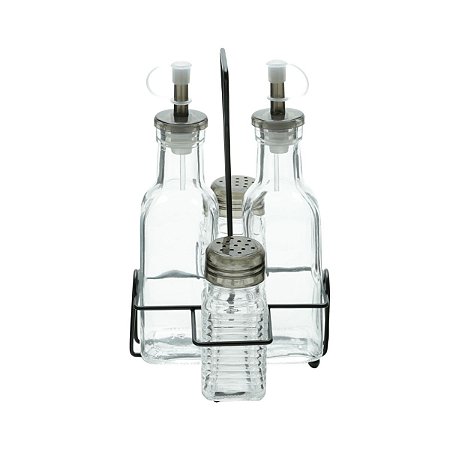 CJ 4PC GALHETEIRO  VIDRO C/SUPORTE  METAL PRETO 200ml/70ml