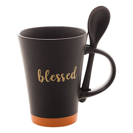 CANECA CERÂMICA C/COLHER BLESSED PRETO MATT/LARANJA 310ml