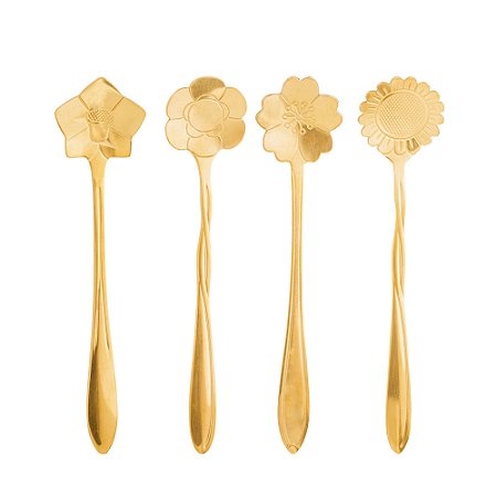 CJ 4 COLHERES AÇO INOX P/CHÁ FLORES DOURADO