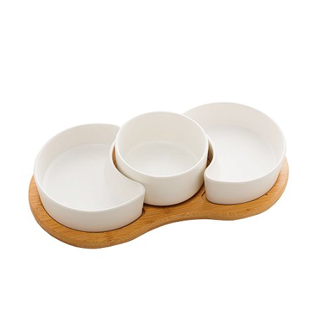 CJ 3 PETISQUEIRAS PORCELANA C/BANDEJA BAMBU BRANCO 30x15x6cm