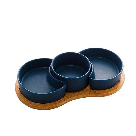 CJ 3 PETISQUEIRAS PORCELANA C/BANDEJA BAMBU AZUL 30x15x6cm