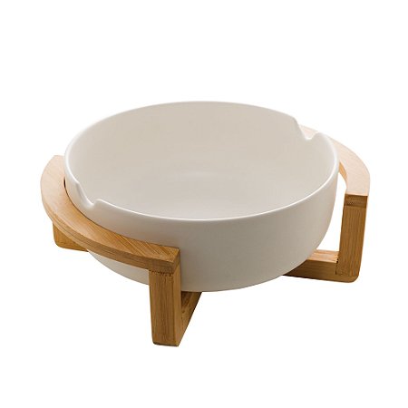 SALADEIRA PORCELANA C/SUPORTE BAMBU BRANCO MATT 26x22x11cm