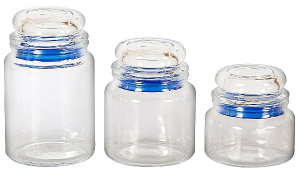 JG 3 POTES REDONDOS VIDRO LISO TAMPA AZUL 250/550/750ML