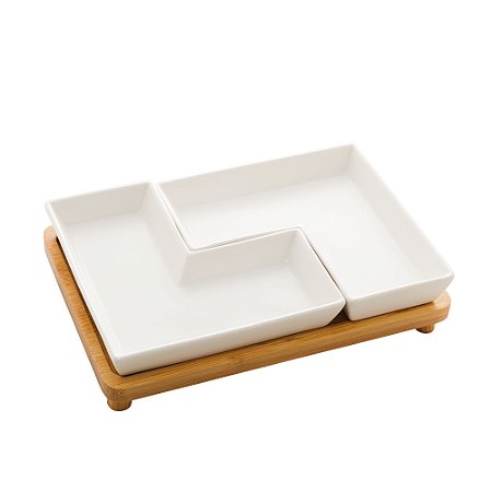 CJ 2 PETISQUEIRAS PORCELANA BANDEJA BAMBU BRANCO 23x15x5cm