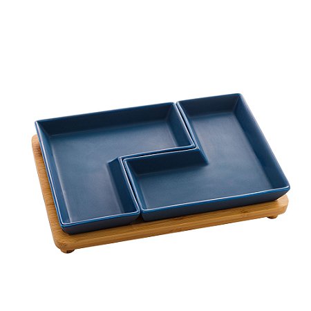 CJ 2 PETISQUEIRAS PORCELANA C/BANDEJA BAMBU AZUL 23x15x5cm