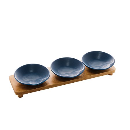 CJ 3 PETISQUEIRAS PORCELANA C/BANDEJA BAMBU AZUL 32x9x5cm