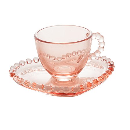 CJ 4 XÍCARAS CAFÉ CRISTAL C/PIRES CORAÇÃO PEARL ROSA 85ml