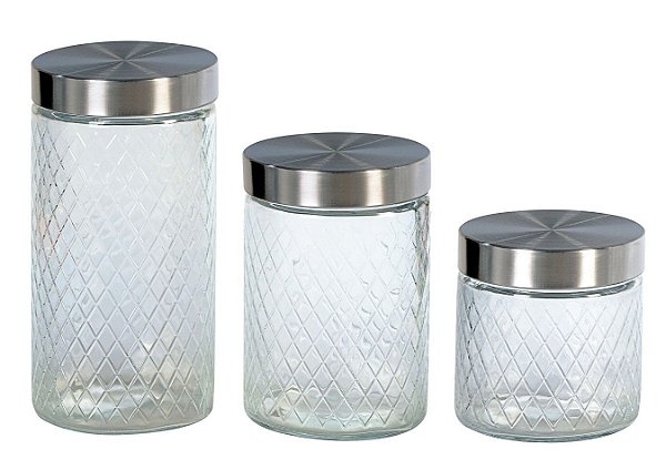 JG 3 PORTA MANTIMENTOS EM VIDRO TAMPA PRATA 870ML/1,2L/1,7L