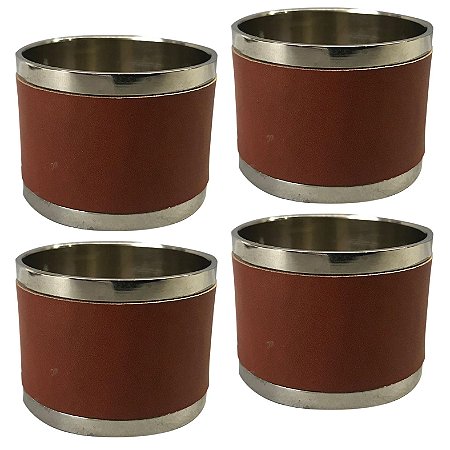 JG 4 ANEIS COURO GUARDANAPO LATAO E COURO 4X3CM PRATA