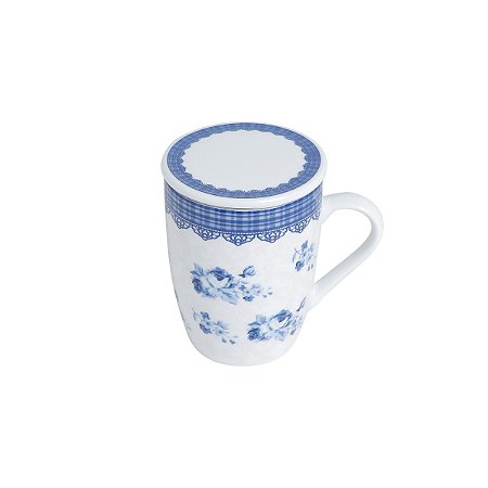 CANECA PORCELANA TAMPA E FILTRO GRÉCIA AZUL/BRANCO 310ml