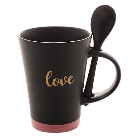 CANECA CERÂMICA C/COLHER LOVE PRETO MATT/ROSA 310ml