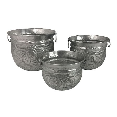 CJ. DE CACHEPOTS - 3 PCS EM ALUMINIO PRATEADO G: 44CM | M: 3