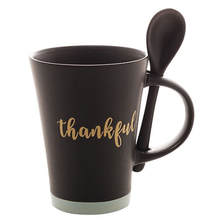 CANECA CERÂMICA C/COLHER THANKFUL PRETO MATT/AZUL 310ml