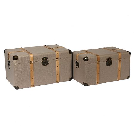 CONJ  DE BAUS DE MADEIRA E TECIDO BEGE E DOURADO  2 PECAS