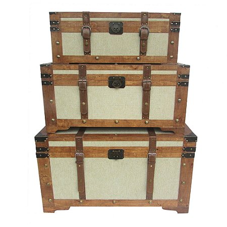 CJ  DE BAUS DE MADEIRA E METAL MARROM E BEGE  3PCS
