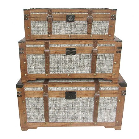 CJ  DE BAUS DE MADEIRA E METAL MARROM E CINZA  3PCS