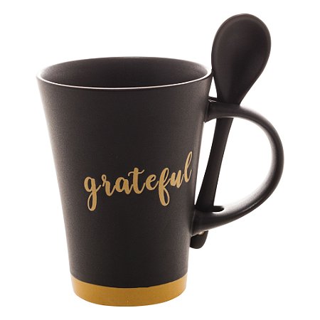 CANECA CERÂMICA C/COLHER GRATEFUL PRETO MATT/AMARELO 310ml