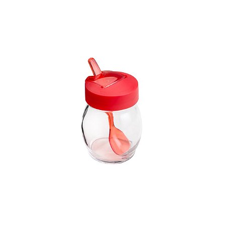 AÇUCAREIRO C/COLHER VIDRO TRANSPARENTE TAMPA VERMELHA 100ml