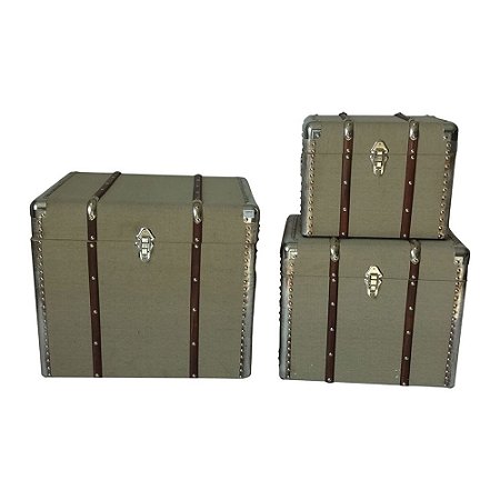 CONJ. DE BAUS EM METAL E TECIDO VERDE E MARROM  3 PCS G  61