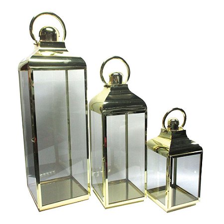 CJ DE LANTERNAS DE METAL E VIDRO DOURADAS 3 PCS G  24 X 24 X
