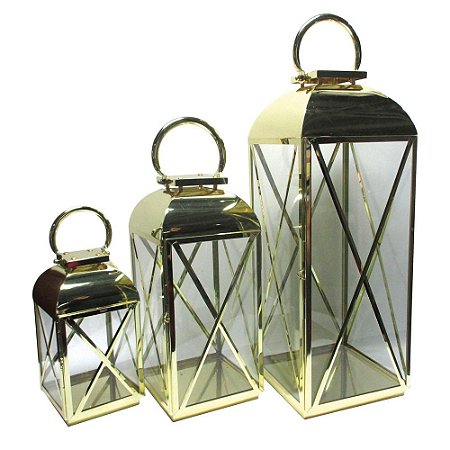 CJ DE LANTERNAS DE METAL E VIDRO DOURADAS 3 PCS G 24,5 X 25