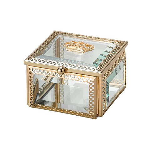 PORTA JÓIAS DE VIDRO E ZAMAC CROWN DOURADO 8x8x5cm