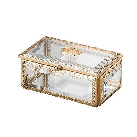 PORTA JÓIAS DE VIDRO E ZAMAC CROWN DOURADO 12,5x7,5x5,5cm