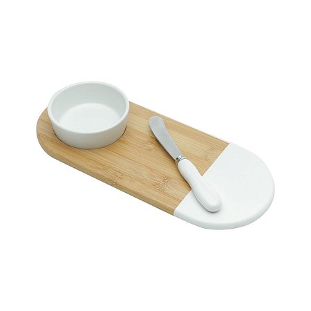 CJ BANDEJA DE BAMBU C/BOWL DE CERÂMICA E ESPÁTULA 28x12cm