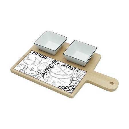 CJ 3PC P/QUEIJO E PETISCOS BAMBU CERÂMICA CHEESE SIGN 31x20