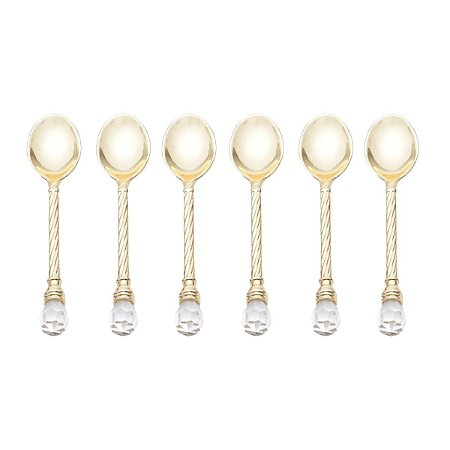 CJ 6 COLHERES P/CAFÉ DE ZAMAC DOURADA CRISTAL 11cm