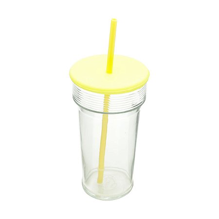 COPO  VIDRO C/TAMPA E CANUDO  SILICONE HAVAÍ AMARELO 640ml