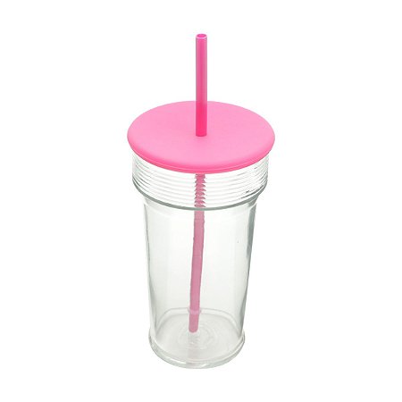 COPO DE VIDRO C/TAMPA E CANUDO DE SILICONE HAVAÍ ROSA 640ml