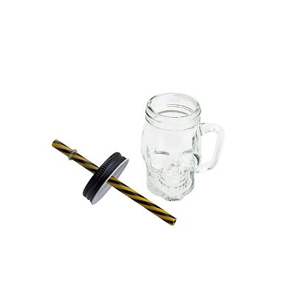 CANECA DE VIDRO C/TAMPA E CANUDO CAVEIRA ROCK STYLE 105ml