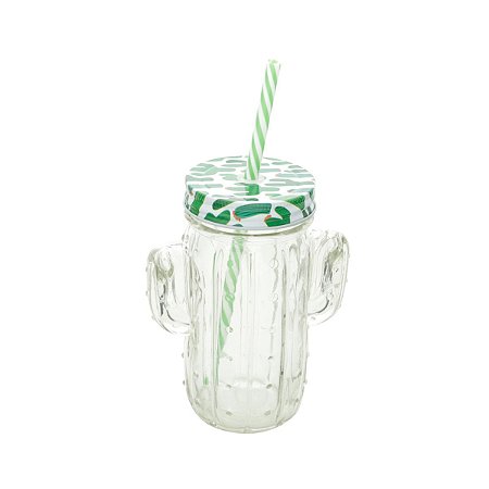 CANECA DE VIDRO C/TAMPA E CANUDO CACTOS VERDE 430ml