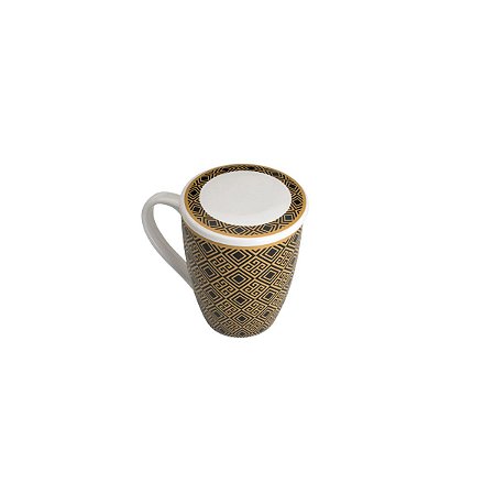 CANECA PORCELANA TAMPA E FILTRO EGYPT PRETO/DOURADO 310ml