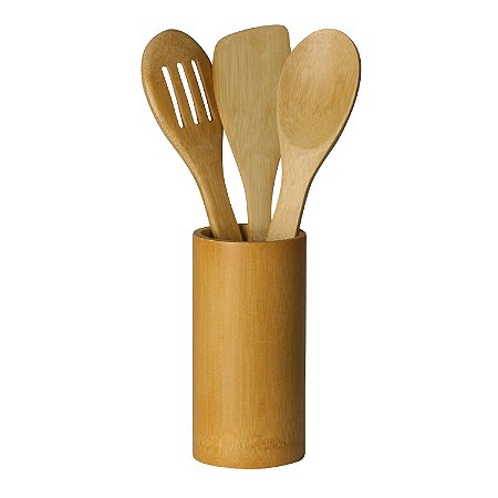 CJ 3 UTENSÍLIOS BAMBU 30x6cm E 1 SUPORTE BAMBU  6,5-8x15cm