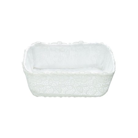 CESTA PLÁSTICO C/FORRO  ALGODÃO CROCHÊ LICATE BRANCA 22x15x9