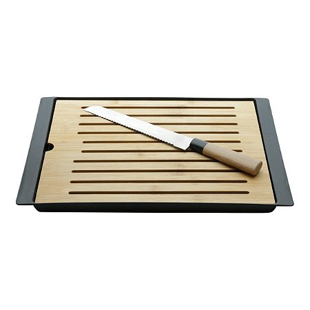 CJ TÁBUA  BAMBU E MIGALHEIRA C/FACA P/PÃO  AÇO INOX 38x27