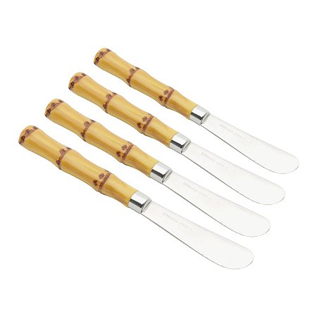 CJ 4 ESPÁTULAS AÇO INOX CABO PLÁSTICO BAMBU NATURAL LUXO 16