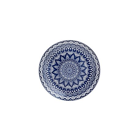 PRATO RASO DE CERÂMICA MANDALA AZUL E BRANCO 26cm