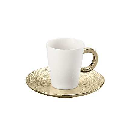 CJ 6 XÍCARAS P/CHÁ C/PÍRES DE PORCELANA DROP DOURADA 200ml