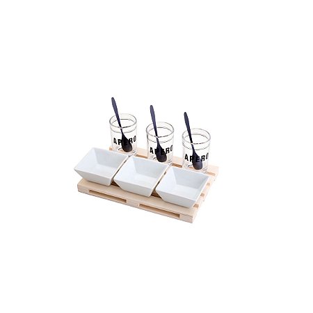 CJ BANDEJA PLÁSTICO 3 MOLHEIRAS 3 COLHERES AÇO INOX 28x15