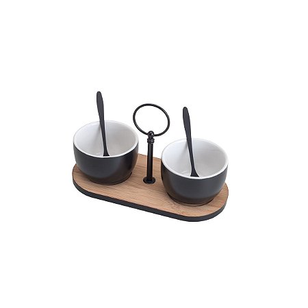 CJ BANDEJA BAMBU 2 MOLHEIRAS 2 COLHERES AÇO INOX 20x9,5