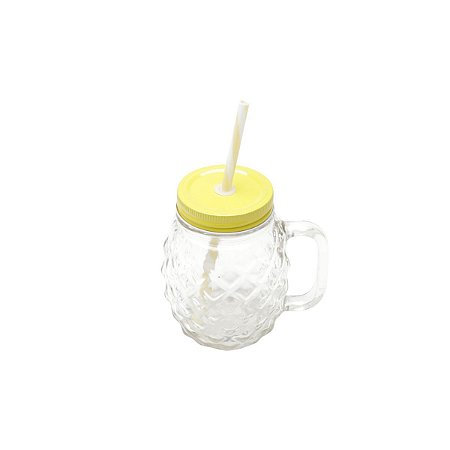 CANECA DE VIDRO C/TAMPA E CANUDO PINEAPPLE AMARELA 480ml