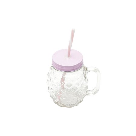 CANECA DE VIDRO C/TAMPA E CANUDO PINEAPPLE ROSA 480ml
