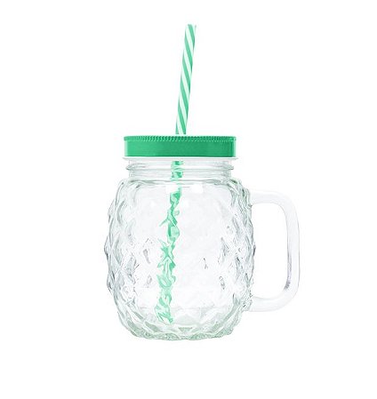 CANECA DE VIDRO C/TAMPA E CANUDO PINEAPPLE VERDE 480ml