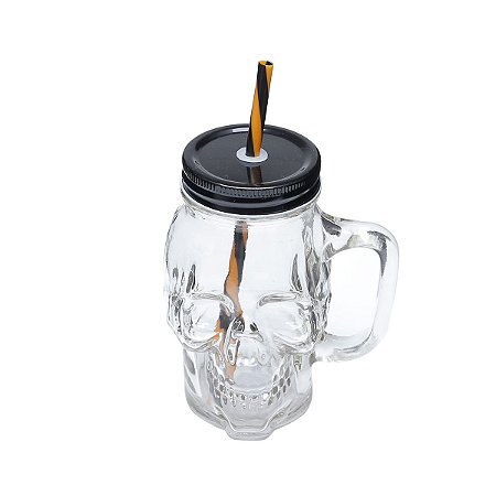CANECA DE VIDRO C/TAMPA E CANUDO CAVEIRA ROCK STYLE 400ml