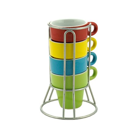 CJ 4 XÍCARAS PORCELANA P/CAFÉ C/SUPORTE COLORIDAS 60ml
